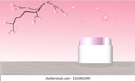 A cream jar is on the sakura background.