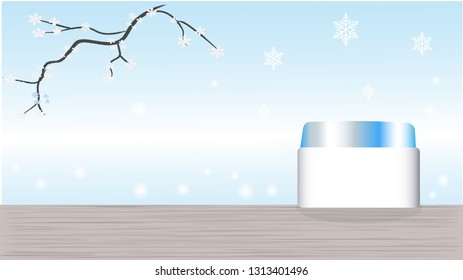 A cream jar is on the snowflake background.