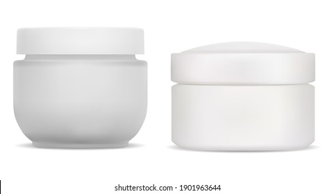 Cream jar. plastic cosmetic container, face beauty bottle blank. Skin care creme product round glass jars with cap. Butter, gel or powder pack front side canister mock up with cover