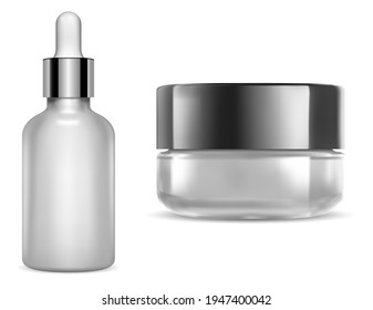 Cream jar, serum dropper. Round creme pack, transparent glass lotion flask mockup. Makeup blush jar for branding identity. Realistic beauty box, skin care gel template. Medical serum bottle