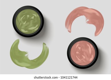 Cream jar set, top view of container with creamy texture in pink and green, 3d illustration