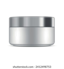 Cream jar silver metallic cosmetic package for face skin care mockup design template realistic vector illustration. Premium pack for makeup cosmetology product facial moisturizing hydration anti aging