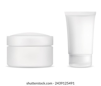 Cremeglas und Cremeröhrchen-Kosmetikpaket-Mockup-Set. Blanker Behälter für Schönheitsprodukt. Gesicht Make-up Verpackung Mock up. Blush oder Handcreme realistische Vorlage für Etikettendesign