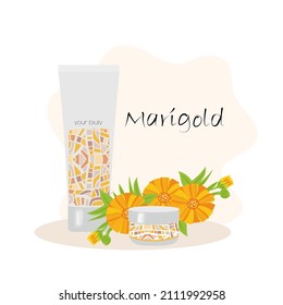 Cream jar and tube with flowers.  Orange Marigold flowers, calendula in cartoon simple flat style. Flat vector illustration, isolated objects.