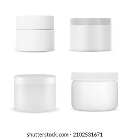 Cream Jar. White Cosmetic Cream Container, Vector Bottle Mockup. Realistic Face Creme Packaging Set. White Plastic Round Jar For Scrub, Ointment Or Butter. Blush Powder Template