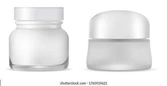 Cream jar. White glass cosmetic container pack vector blank. Isolated face care lotion package set. Realistic vector bottle for body scrub. Clean medical template