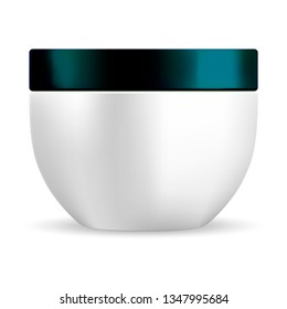 Cream Jar. White Plastic Container. Vector Packaging Blank for Cosmetic Creme. 3d Canister with Glossy Glance Lid for Facial Cosmetics Product. Powder or Foam Package Side Object.