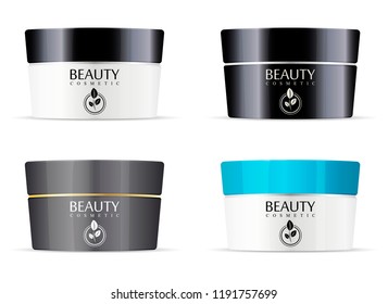 Cream jars mockup set for cosmetic and medical products. Easy to use different color product. Realistic 3d packaging mockup template.