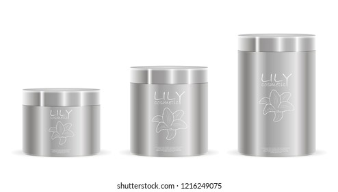 Cream jars pack in silver color with label and logo design. Different height cosmetic cans with lids metallic or plastic. Cosmetics Packaging for cream, salt, powder, ointment. EPS10 vector.