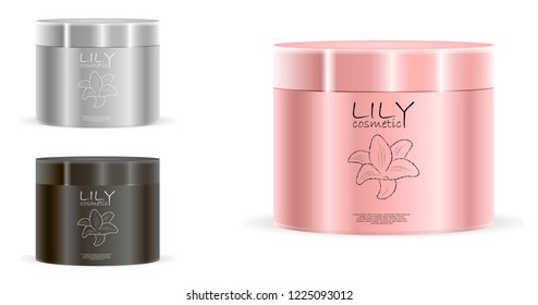 Cream jars pack in silver, rose gold and black color with label and logo design. Different height cosmetic cans with lids metallic or plastic. Packaging for cream, salt, powder. EPS10 vector.