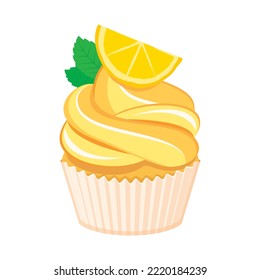 Cream lemon cupcake icon vector. One delicious yellow lemon cupcake icon vector isolated on a white background