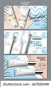 cream and light blue colored cosmetic theme web banners with product pictures, 3d illustration