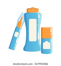 Cream, Lotion And Body Oil In Blue Plastic Containers, Beauty And Skincare Product Line Set Template Design