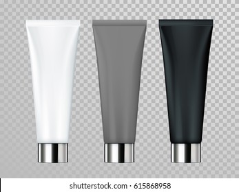 Cream or lotion cosmetic tube vector isolated template for skin care product. White, gray, black Premium face moisturizer packages set with silver cap or lid on transparent background