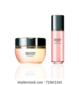 Cream and Lotion Cosmetics set Vector realistic mock up. Purple package Hydration cream bottle. Perfect for advertising, flyer, banner, poster. 3d illustration