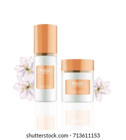 Cream and Lotion Cosmetics set Vector realistic mock up. Orange package Hydration cream bottle. Perfect for advertising, flyer, banner, poster. 3d illustrations