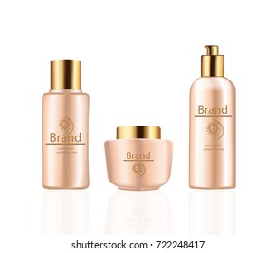 Cream and Lotion Cosmetics set Vector realistic mock up. Pink package Hydration cream bottles with logo. Perfect for advertising, flyer, banner, poster. 3d illustrations