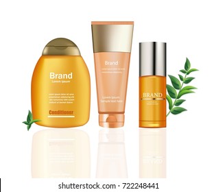 Cream and Lotion Cosmetics set Vector realistic mock up. Orange package Hydration cream bottles with logo. Perfect for advertising, flyer, banner, poster. 3d illustrations