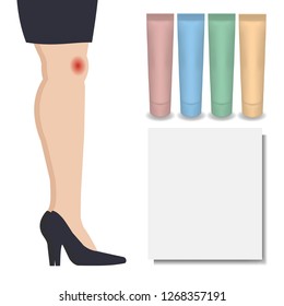 Cream (lotion, ointment) tubes vector isolated templates set for skin care product. Red, blue, green, yellow (gold) mockups for packages. Woman with knee pain and medicine. Place for text, copy space