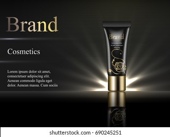 cream, lotion tube black glossy with Golden rose pattern on a dark background with bright rays. beauty, cosmetics, design, advertising, 3D vector realistic