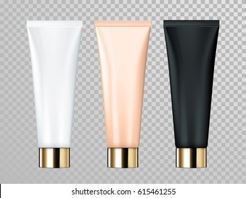Cream or lotion tube vector isolated template for skin care product. Premium face moisturizer packages set with golden cap or lid on transparent background