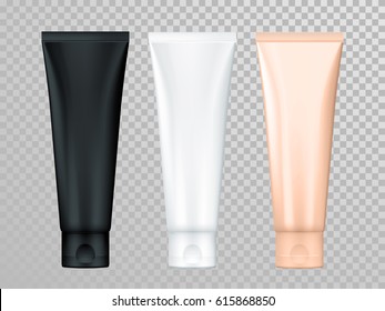 Cream or lotion tubes vector isolated templates set for skin care product. Black, white, beige Premium face moisturizer packages on transparent background