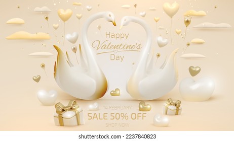 Cream luxury background with 3d swan love couple elements and gold heart with gift box and ribbon decoration and cloud. Valentine's day banner sign.