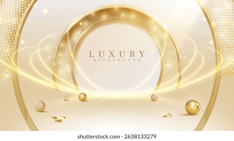 Cream luxury background with gold frame, ribbon and ball with disco light scene decoration. Vector illustration design suitable for product promotion backdrop element or award ceremony.