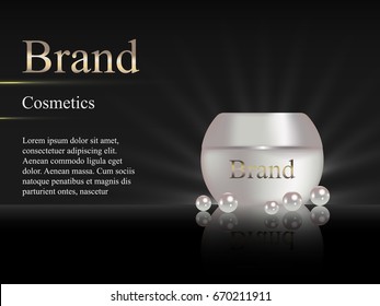 Cream makeup on a dark background with pearls. Design, advertising, vector realistic 3D