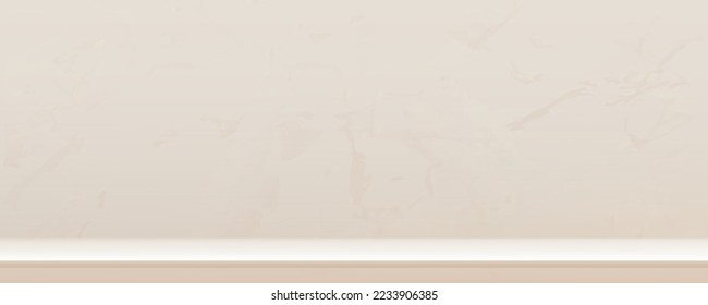 Cream Marble wall Background Studio with shelf.3D Scene Gallery room in Vanilla,Cream Sand color with copy space,Vector Horizon backdrop for product presentation on Spring,Summer Colour Trends 2023 