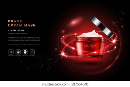 Cream mask ads, red packaging skincare product in 3D illustration, glitter particles elements