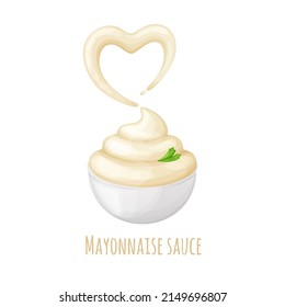 Cream mayonnaise sauce in white ceramic bowls.Heart-shaped splash.Love homemade sauce.Vector realistic cartoon illustration in 3D.Isolated on white background