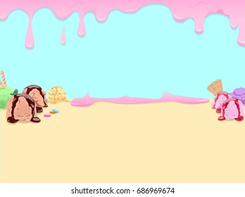 Cream melted on background and ice cream scoops on the ground. Vector Illustration