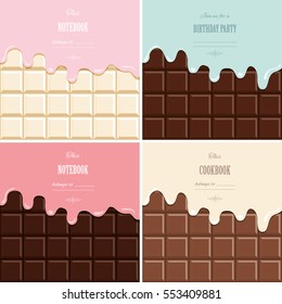 Cream Melted On Chocolate Bar Background Set. Cute Design With Sample Text.