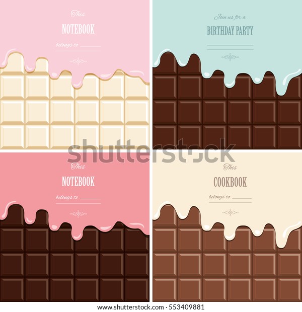 Cream melted on chocolate bar background set. Cute\
design with sample text.