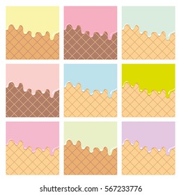 Cream melted on waffle background set.