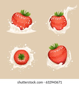 Cream Milk Curl Splash Drops Fruit Strawberry Realistic Transparent Background 3d Design Vector Illustration