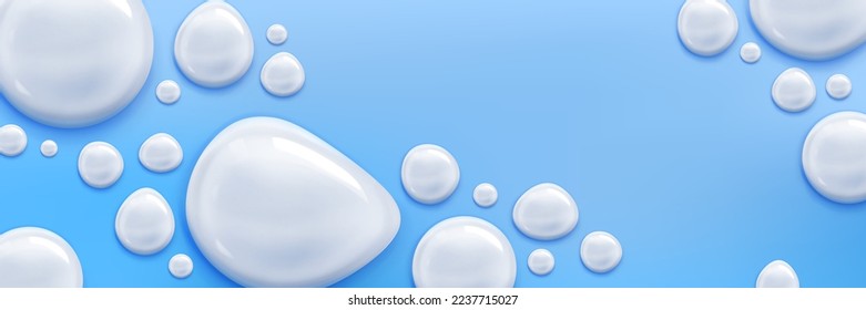 Cream or milk drops on blue background, scatter spherical white bubbles with glossy texture on horizontal backdrop. Template for beauty product, skincare cosmetic production Realistic 3d vector design