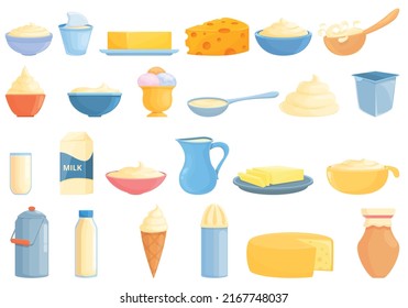 Iconos de leche de crema establecen el vector de dibujos animados. Crema líquida. Gota de yogur