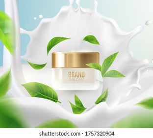 Cream with milk splashes.Background Concept Skin Care Cosmetic.Container mockup, cosmetic bottle package,bank,3d leaves whirl in the air.Bright Background.Vector illustration