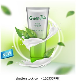 Cream mock up with green tea extract advertising for catalog, magazine. Vector design of cosmetic package. Gel, body lotion for your design