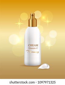 Cream morning application of product with vitamins curing and moisturizing skin face, product for women, bokeh golden bleaks, vector illustration