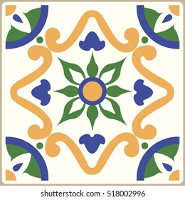 Cream Moroccan Decor tile. Seamless vector. Blue green and yellow ornament.