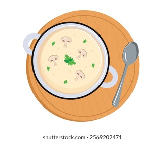 Cream of mushroom soup. A bowl of soup with champignon mushrooms and parsley. Vector illustration