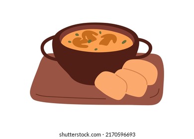 Cream of mushroom soup in bowl. Creamy champignon food served on wood board with bread slices. Vegetarian healthy dish with baguette pieces. Flat vector illustration isolated on white background