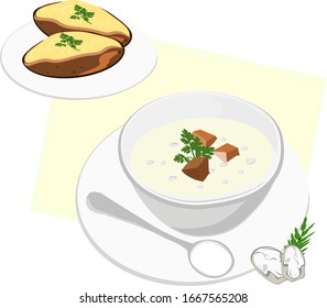 Cream of Mushroom Soup and bread in a white cup , Baked Potatoes