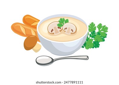 Cream of mushroom soup vector illustration. Bowl of mushroom soup icon set vector isolated on a white background. Cream of mushroom, champignon, parsley and baguette drawing