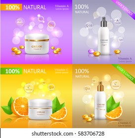 Banner-Set aus reiner Naturserie. Set mit weißen Schläuchen für Kosmetika. Produkt für Körperpflege, Haut und Gesichtspflege. Wahl für Vitamin A und C. Creme mit Orange und Proteinen.  Vektorgrafik.