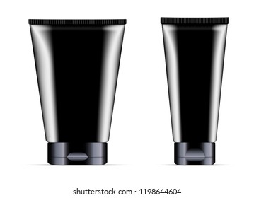 Cream or ointment cosmetic tubes set with black color design. Realistic package vector illustration. 3d mockup template isolated on white.