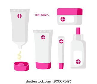 Cream or ointment tube, bottle, jar set. Medicinal drugs. Pharmaceuticals. First aid kit. Pharmacy. Various containers to ointments. Cartoon vector illustration.